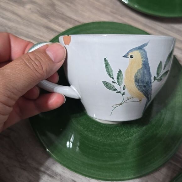 Vintage HTF Maja Mexico Pottery Cup & Saucers Hand Painted Birds - Green Trim - Picture 14 of 17